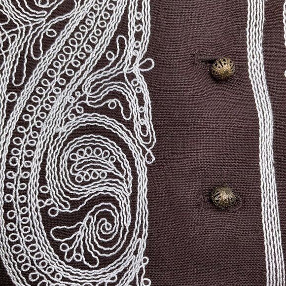 Nygard Jacket‎ Women 10 Brown White Embroidered Paisley Linen Boho Art Neutral - Picture 4 of 10